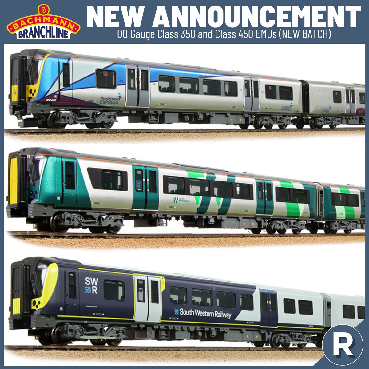 🚞 Bachmann's much-loved OO Gauge 'Desiro' EMUs are set to make a triumphant return to the range this year with these new TPE, LNWR and SWR liveried models! Pre-order your 4-car sets from £424.95 each: tinyurl.com/yj8yd6w8