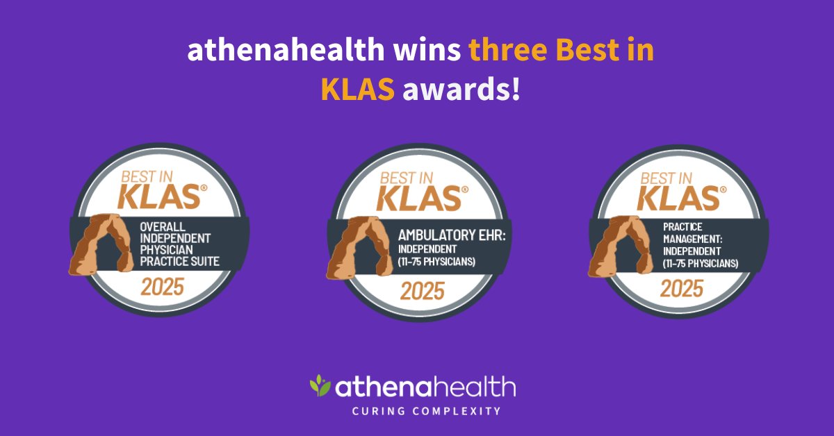 athenahealth's tweet photo. We are thrilled to announce that #athenahealth has received three 2025 Best in KLAS awards, including Overall Independent Physician Practice Suite for the second year in a row!🎉Learn more: https://t.co/VlUAWVvaxi

#BestInKLAS #BestInKLASAwards #BIK2025 #BIK25 #CuringComplexity https://t.co/RjrnVevvzB