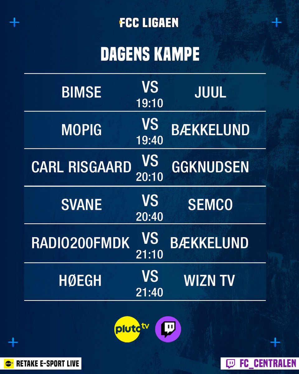 I dag er dagen! 🤩 FCC LIGAEN starter i dag kl 19🔜

Programmet er spækket med spændende kampe🌟

Se med på Twitch &amp; Pluto TV🖥

Do. Not. Miss. It. 🍿

#FCCLIGAEN #FC25