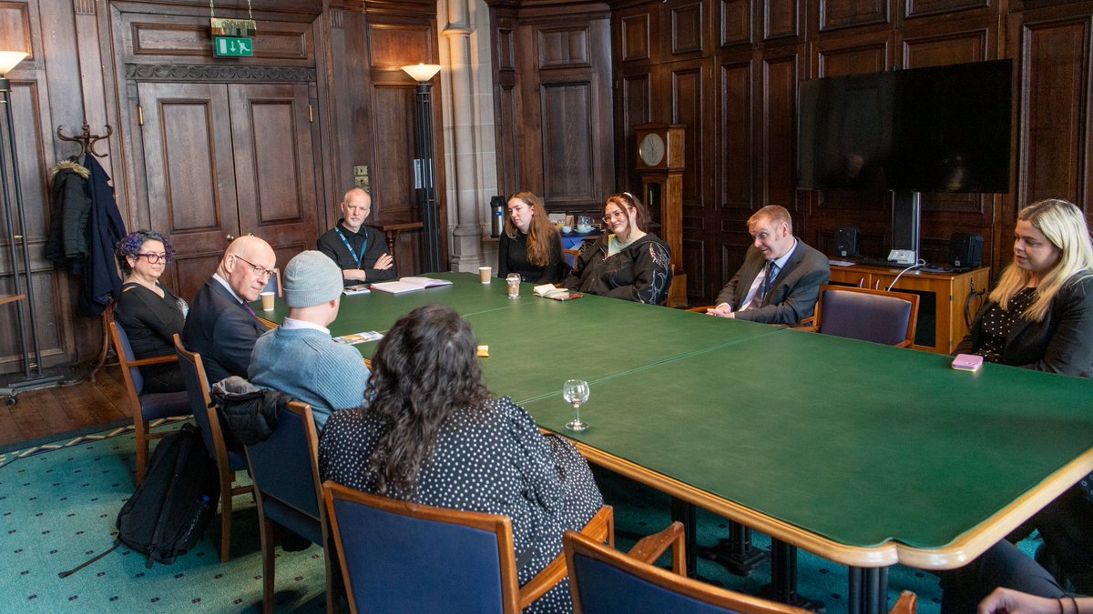 UofGlasgow's tweet photo. Pleased to welcome First Minister @JohnSwinney to the UofG campus to meet our widening participation team and some of our care-experienced students.

The group discussed The Promise, Scotland’s commitment to care-experienced young people, and the support that UofG provides. https://t.co/EezOauOBRc