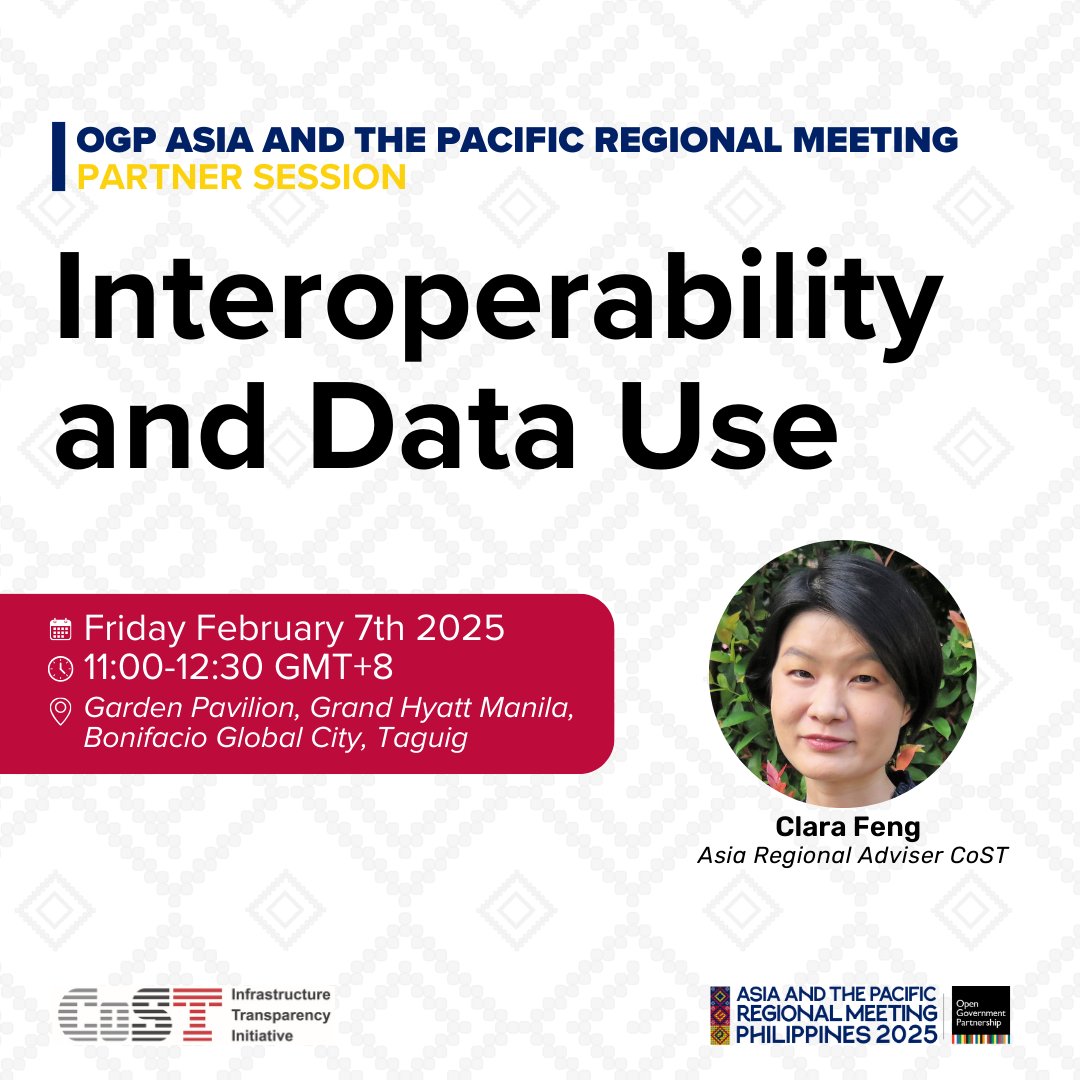 Interoperability is crucial for ensuring datasets serve various sectors of society effectively, including regulators and governments

Join us in #OGPAsiaPacific 

📅 Friday, 7th February
⏰ 11:00 - 12:30 GMT+8
📍 Garden Pavilion, Grand Hyatt Manila, Bonifacio Global City, Taguig