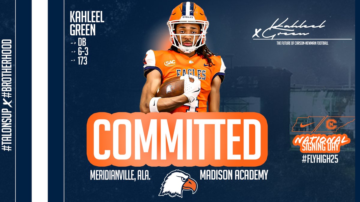 Carson-Newman Football (@cnfootball) on Twitter photo 🖋️ #️⃣2️⃣6️⃣
Kahleel Green – DB – 6-3 – 173 – Meridianville, Ala. – Madison Academy - <a href="/Kahleel2Green/">KahleelGreen</a> 
📋 bit.ly/2025CNnsd
#CNNSD25 x #FlyHigh25 | #TalonsUp x <a href="/cnfootball/">Carson-Newman Football</a> x #Brotherhood 🖋️ #️⃣2️⃣6️⃣
Kahleel Green – DB – 6-3 – 173 – Meridianville, Ala. – Madison Academy - <a href="/Kahleel2Green/">KahleelGreen</a> 
📋 bit.ly/2025CNnsd
#CNNSD25 x #FlyHigh25 | #TalonsUp x <a href="/cnfootball/">Carson-Newman Football</a> x #Brotherhood