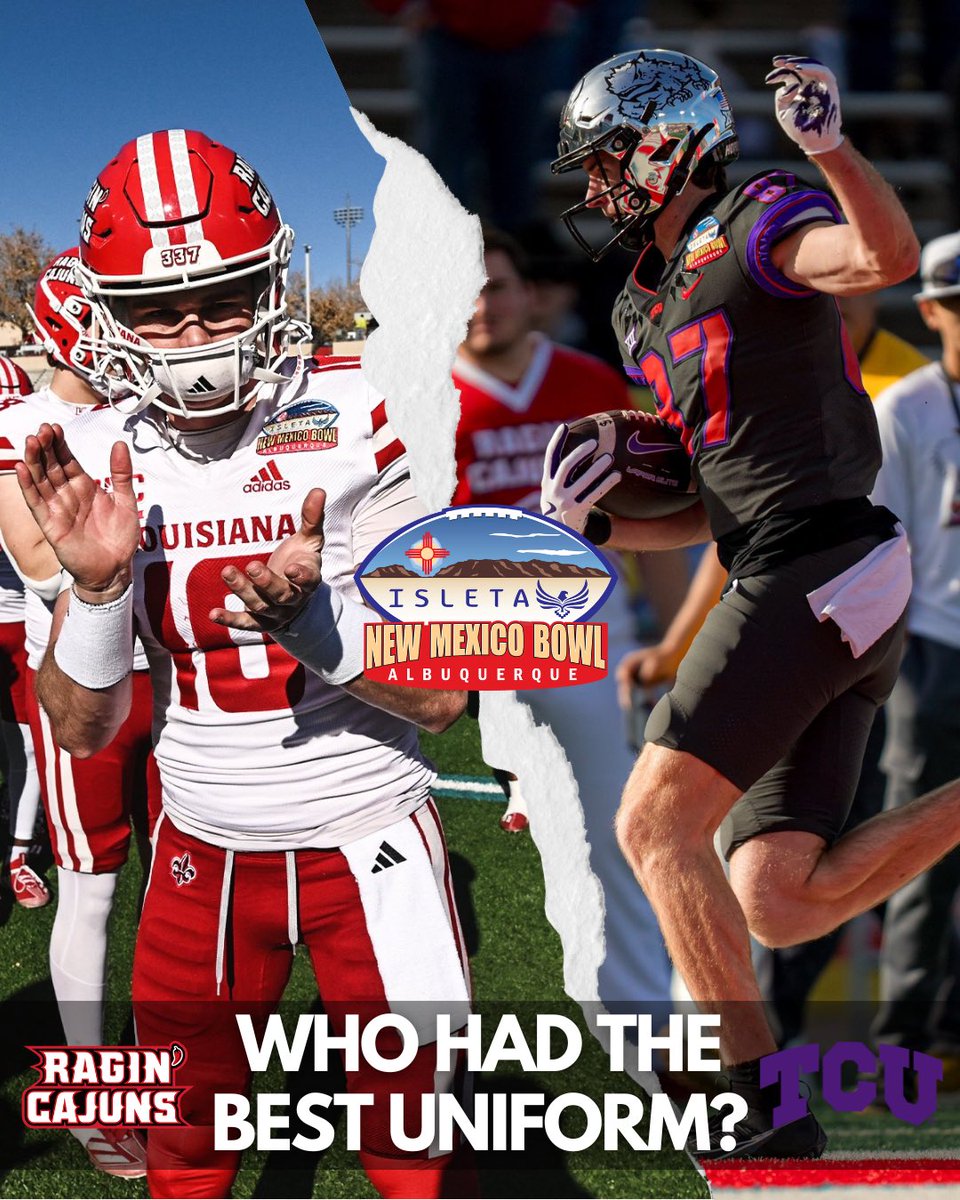 Bowl Season (@bowlseason) on Twitter photo Who had the best uniform at the <a href="/NMBowl/">Isleta New Mexico Bowl</a>? <a href="/RaginCajunsFB/">Louisiana Raginโ Cajunsยฎ Football</a> or <a href="/TCUFootball/">TCU Football</a>?๐ค๐ Who had the best uniform at the <a href="/NMBowl/">Isleta New Mexico Bowl</a>? <a href="/RaginCajunsFB/">Louisiana Raginโ Cajunsยฎ Football</a> or <a href="/TCUFootball/">TCU Football</a>?๐ค๐