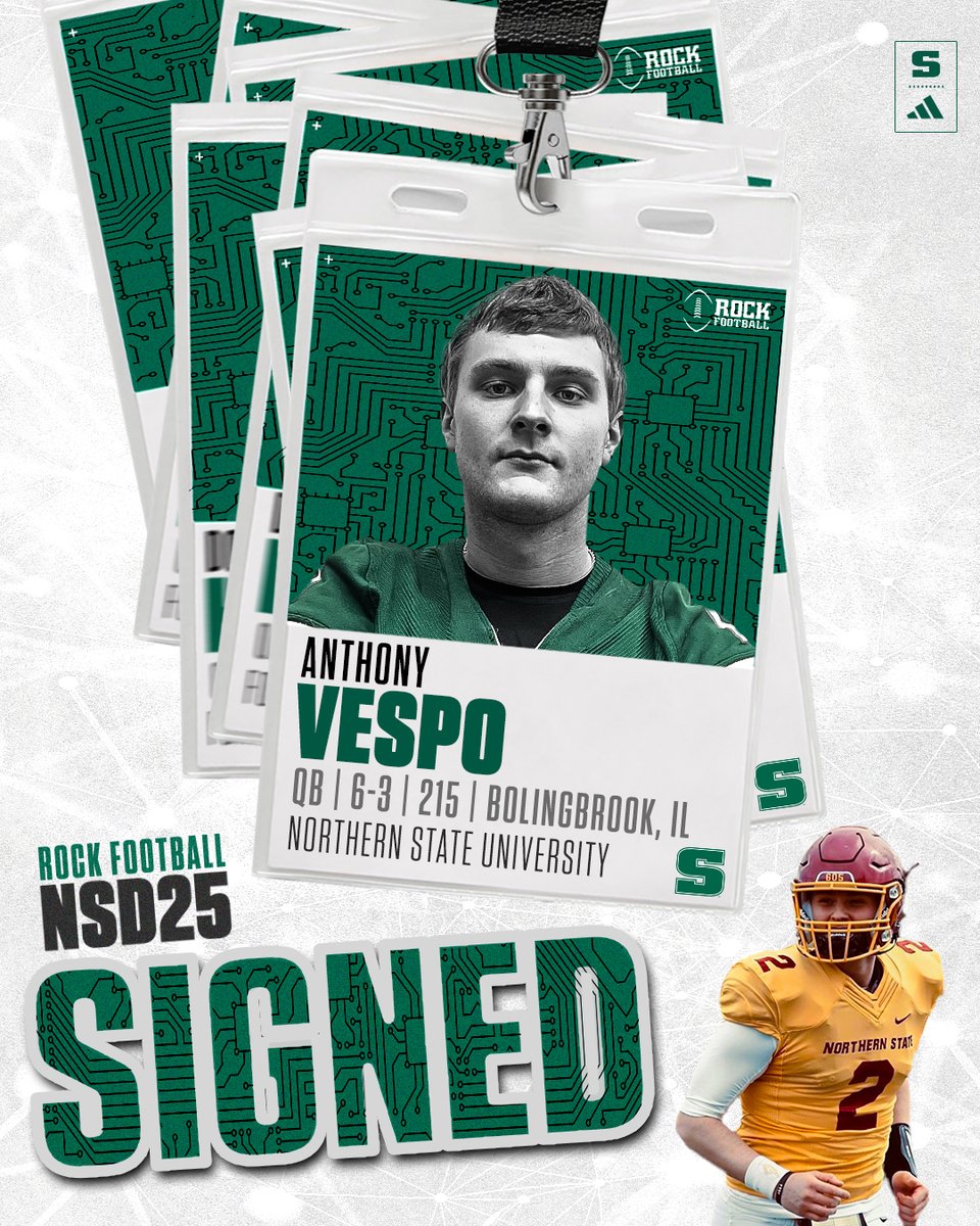 FB: Welcome to The Rock, Anthony Vespo! Anthony is a senior QB transfer from Northern State that has been a team captain for four years at the collegiate level and will bring immediate veteran leadership to the SRU QB room. 

#RockNSD25🔗:  tinyurl.com/229qtgax