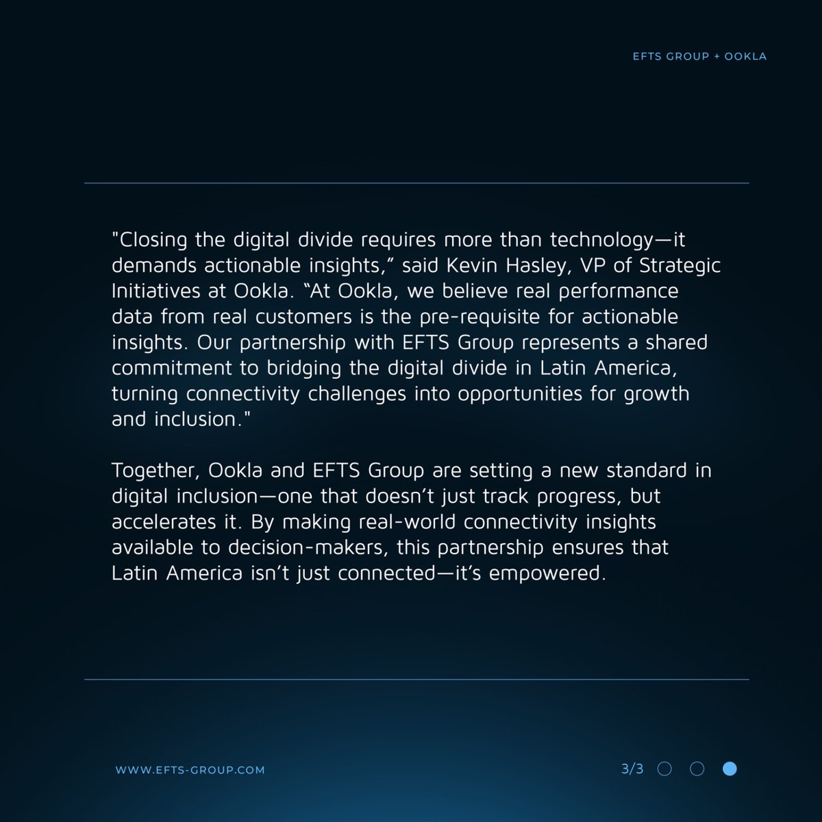 Ookla®,  a  global leader in connectivity intelligence, and EFTS Group, an expert consulting firm specializing in the digital divide, have forged a strategic partnership

#Ookla #EFTSGroup #Crowdsourcing #SMC #DigitalDivide #MeaningfulConnectivity #Connectivity