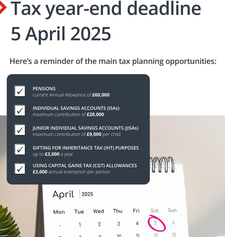 FingerprintFP's tweet photo. February 2025 is time to review your finances and make the most of tax-efficient opportunities before the tax year ends on 5 April. Consider boosting pension contributions, utilising allowances, or exploring tax-efficient investments. Contact us. https://t.co/78AxitGqJY https://t.co/JZs3T1OQH2