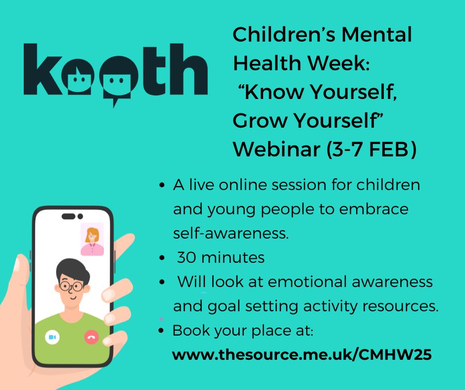 A free live webinar hosted by Kooth online emotional wellbeing service. For primary and secondary school aged children &amp; young people to explore #ChildrensMentalHealthWeek theme of self-awareness and how this supports our mental wellbeing.
