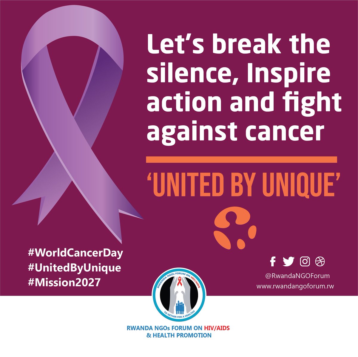 RwandaNGOForum's tweet photo. Cancer is not merely a health issue; it represents a significant global challenge that impacts families and communities worldwide. According to @WHO, nearly 10 million lives are lost to cancer each year. This alarming statistic underscores the urgent need for collective action and awareness in combating this disease.

In #Rwanda, we recognize that awareness is the first crucial step towards action. On this #WorldCancerDay, we invite everyone to engage in open conversations about cancer. Understanding the signs and symptoms, embracing self-testing for early detection, and providing support to those affected are vital components of our fight against cancer.

With effective prevention strategies, early detection methods, and equitable access to treatment, we can significantly reduce cancer mortality rates. Research indicates that between 30% and 50% of cancer deaths could be prevented by addressing modifiable risk factors. Furthermore, early diagnosis and screening can lead to better treatment outcomes and survival rates.

Let us join forces to raise awareness, inspire action, and combat cancer together. Knowledge is a powerful tool, it saves lives. By fostering understanding and encouraging proactive measures, we can make a meaningful difference in the lives of those affected by cancer.

#Mission2027 #HealthForAll #CancerAwareness #InnovationInHealth #HPVVaccination   #CommunityEngagement 

@Elekta_Fdn
@UwinkindiFranco
@nsanzimanasabin @CMuvunyi @noellabigirim @Knooliet @TuyishimeAlbert @HindHassan_ @HDIRwanda @ImroRwanda @AndrewGasoziNtw @Loui_Ngabonzima @PSF_Rwanda @Sfrwanda1 @Avega_Agahozo_ @ReseauFemmesRw @CsdiCommunity @sfhRwanda