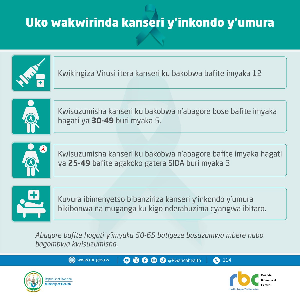 RBCRwanda's tweet photo. ⚠️Dore bimwe mu byongera ibyago byo kurwara Kanseri🎗️y'Inkondo y'Umura, n'icyo wakora ngo uyirinde.  
👍Kwisuzumisha hakiri kare ni ingenzi kuko  byongera amahirwe yo kuvurwa ugakira. 

🔊🔊Twisuzumishe.

#cervicalcancer #Mission2027 #WorldCancerDay