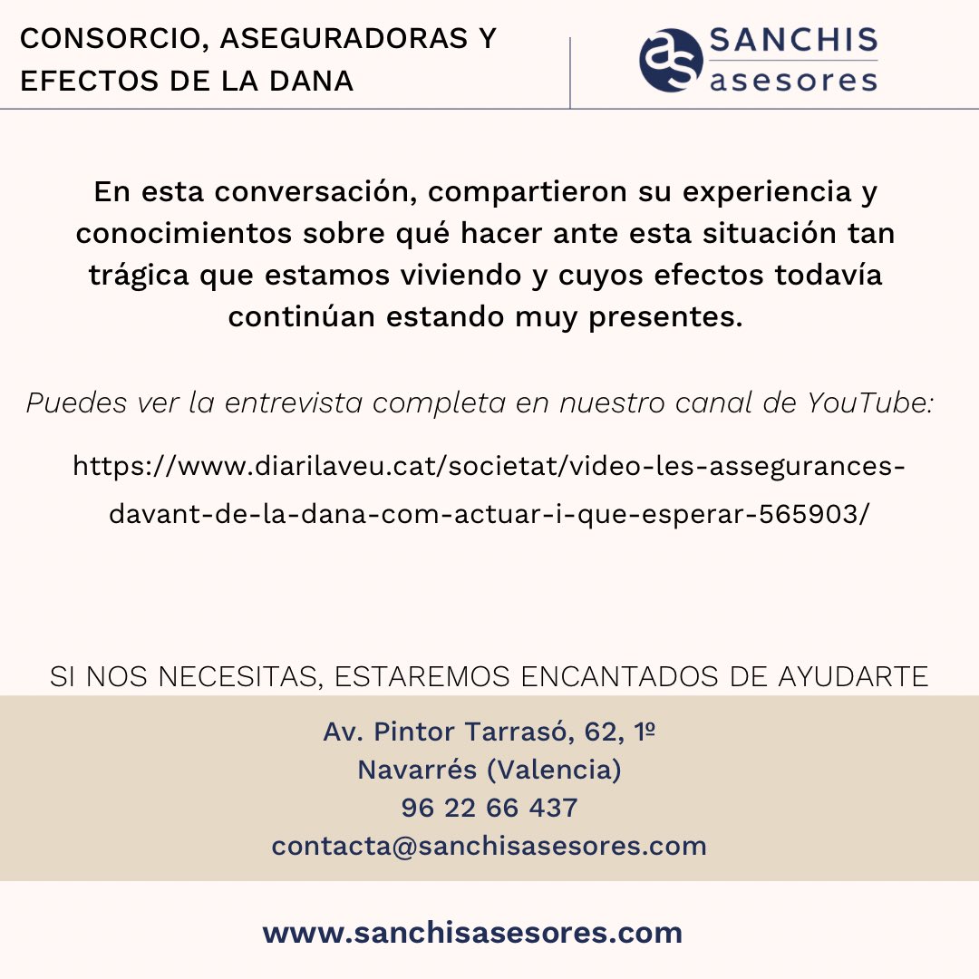 Si quieres saber cómo actuar ante las aseguradoras y el Consorcio de Compensación de Seguros ante una catástrofe, como la DANA, tienes que escuchar a nuestros asesores, Jesús y Eli, en la entrevista que concedieron a Radio La Veu del País Valencià:

lnkd.in/dhE5Ckyf