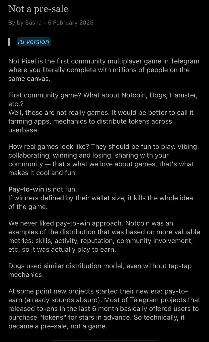 Exaado's tweet photo. Here I agree with the @notpixelx  that they are really the best game on Telegram and that they are not like any other AirDrop ,And this is clear 
- and that they rewarded the players for skill and reputation, playing smartly, society and pay money, and this is what I also saw and it is no different with them towards it - the problem and lying are coming in the future
🚨Here is the real lie and an attempt to show that the majority was winning and the truth is that everyone was a loser and still loser until now
 - and the evidence of their data @notpixelx  says that the average payment of the players is at the price of 0.22$ and this is not true. 
- I only used 2 Thanos and spent more than $40,000 and the number of pixels was 125,900  $px
- and therefore my average payment was $ 0.32 
- the other thing is that I received my coins after 4 hours of listing because failure network and the number of holders at that time was only 10,000 
- and after 4 hours, the price of the coin was 0.22$
-  so therefore it was false that 50% of the players were on a profit between 2x and 10x. 
- This did not happen at all - even that 99% of the players when receiving their coins were either on entry or a loss 

🚨 And you can't accuse me from 30,000 players you mentioned losing 25% 
- I'm number one in the world in the game and in the championship in terms of achieving pixel coins 
🚨 Here you say that the hands that sold lost and that you @takoy_sasha  are very interested in the coin, and this is real and clear, but you encourage players to sell at a loss so that you buy again with their money $px 
- so that you can process your mistake and come back with liquidity to negotiate with the Cex
 - so you sacrificed the community and want us to support you to rise the coin - and this is nonsense

🚨And here is a frank and clear recognition that you were the plan from the beginning to include CEX and make a fairy, universal and profitable inclusion for everyone 
- but because of the dome of your experience in dealing with the requirements of CEX and satisfying their wishes in inclusion
 - you lost the battle with them and with all arrogance and arrogance you changed the plan in minutes to listing the DEX and you are now trying to justify it - this is a lie and a clear failure