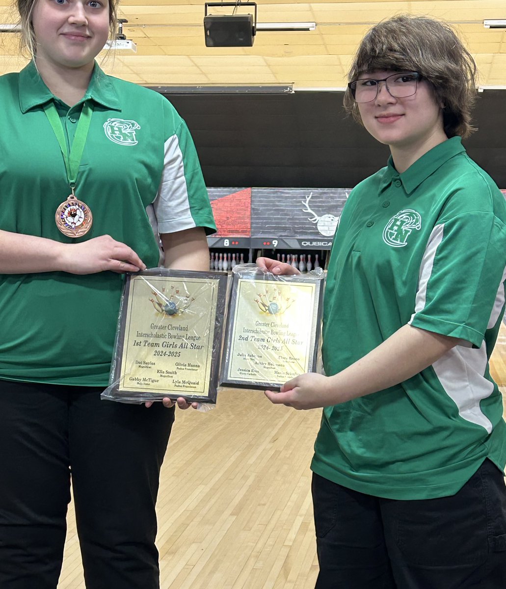NamerAthletics's tweet photo. Congratulations to Gabby McTigue and Clara Bruno for earning league honors in the GCIBL this year. Gabby was awarded 1st team all GCIBL and Clara made 2nd team. Great job and good luck in the state tournament! #NamerPride #AllHail @HNGreenwave @HNBowling https://t.co/kOtvZBbsYm