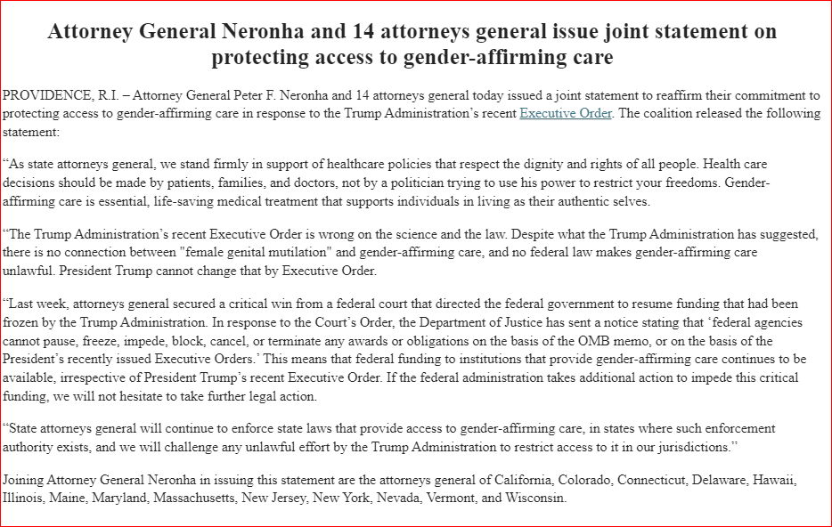 kathyprojo's tweet photo. INBOX: Attorney General Neronha and 14 attorneys general issue joint statement on protecting access to gender-affirming care https://t.co/aOXoyAj7ef