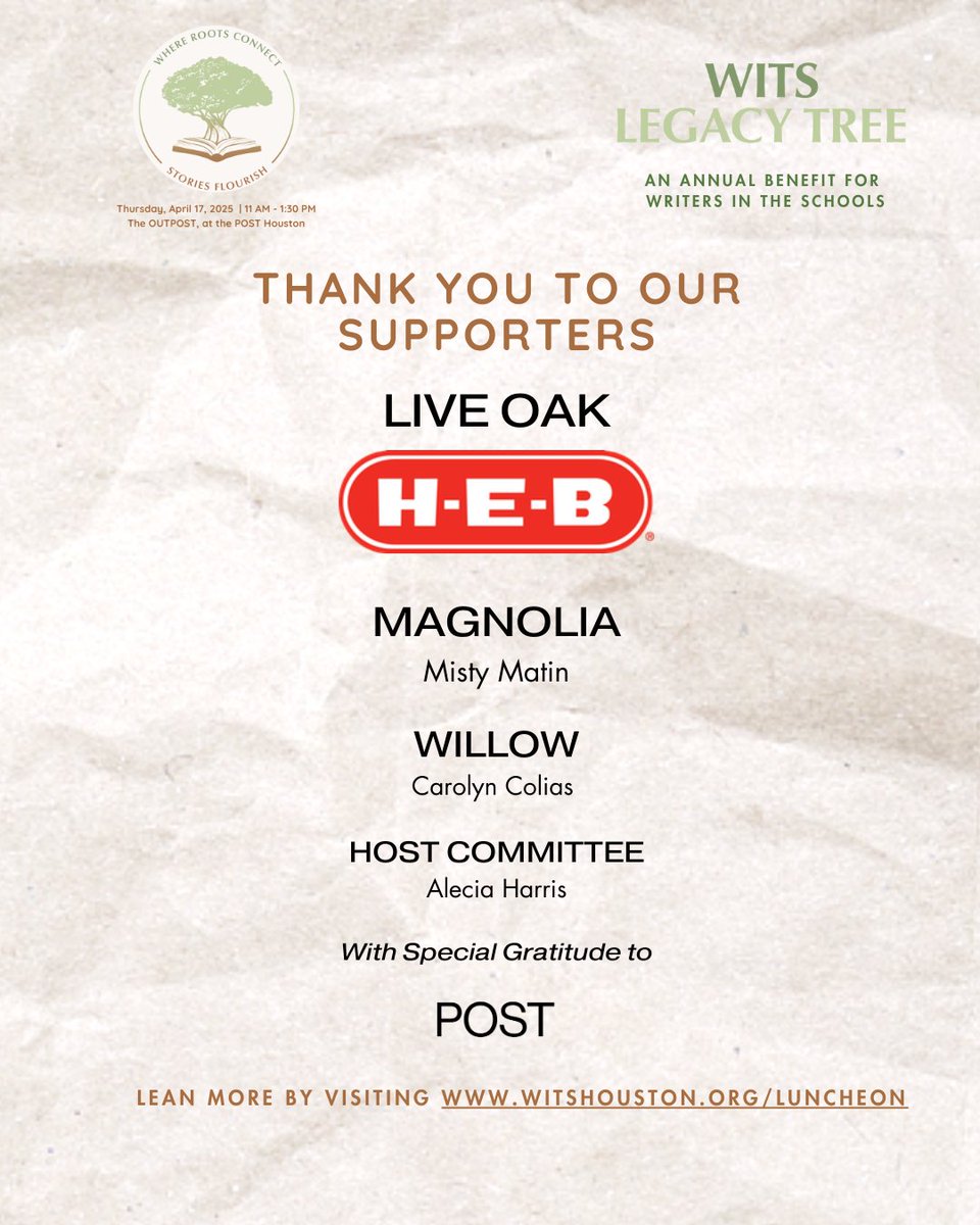 witshouston's tweet image. Join the Host Committee for the WITS Legacy Tree Luncheon. Host Committee means VIP seating at exclusive tables, your name on event materials, and access to a VIP WITS event. Check out how to join through the link in our bio! #WITSLegacy #SupportYoungWriters #JoinTheCommittee