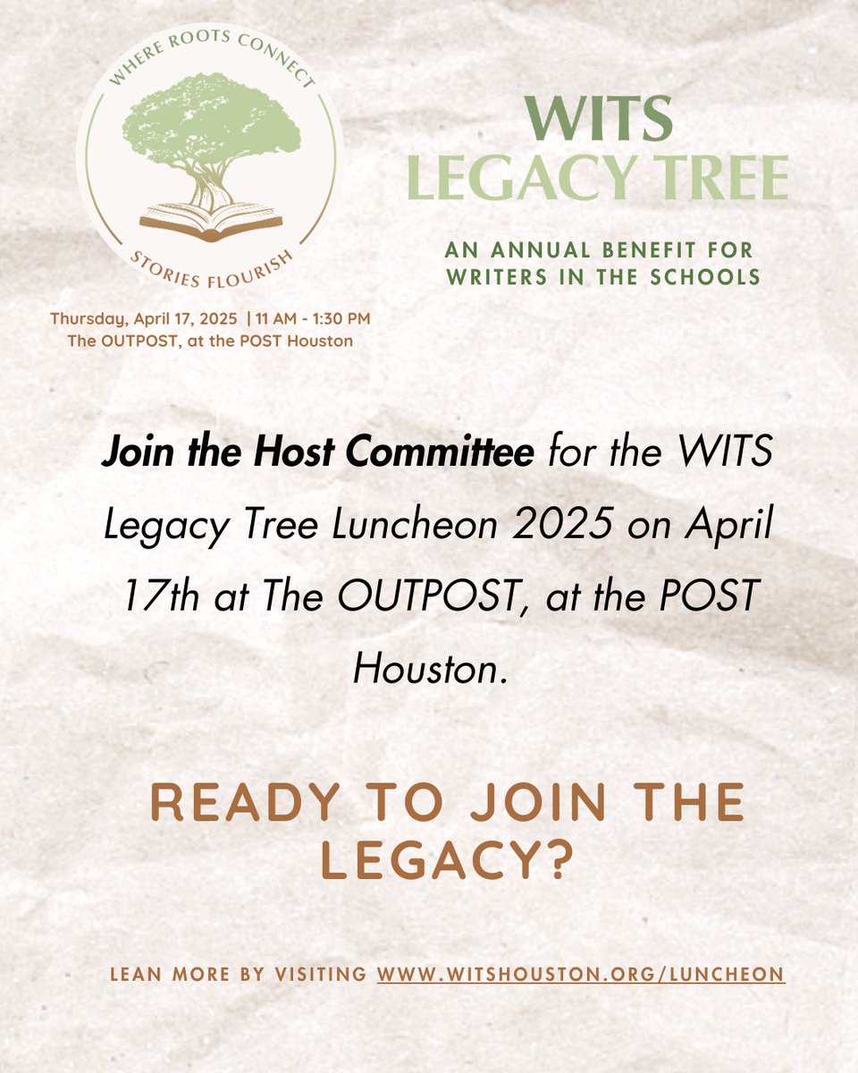 witshouston's tweet image. Join the Host Committee for the WITS Legacy Tree Luncheon. Host Committee means VIP seating at exclusive tables, your name on event materials, and access to a VIP WITS event. Check out how to join through the link in our bio! #WITSLegacy #SupportYoungWriters #JoinTheCommittee