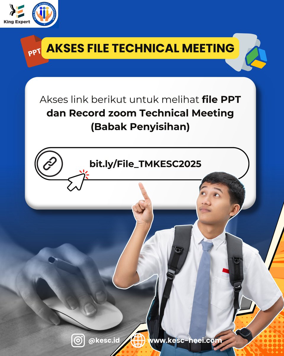 Kesc_id's tweet photo. 🔗 Akses Materi TM KESC 2025 📂

Halo peserta KESC 2025! 👋✨ Bagi yang hadir atau belum sempat ikut, akses PPT &amp; rekaman Zoom TM di:

📌 https://t.co/dYWGVT1sKd

📞 0851-8321-3414 | 📧 contact@kingexpert.id

#KESC2025 #TechnicalMeeting #SiapBersaing https://t.co/yvpYtKFr4M