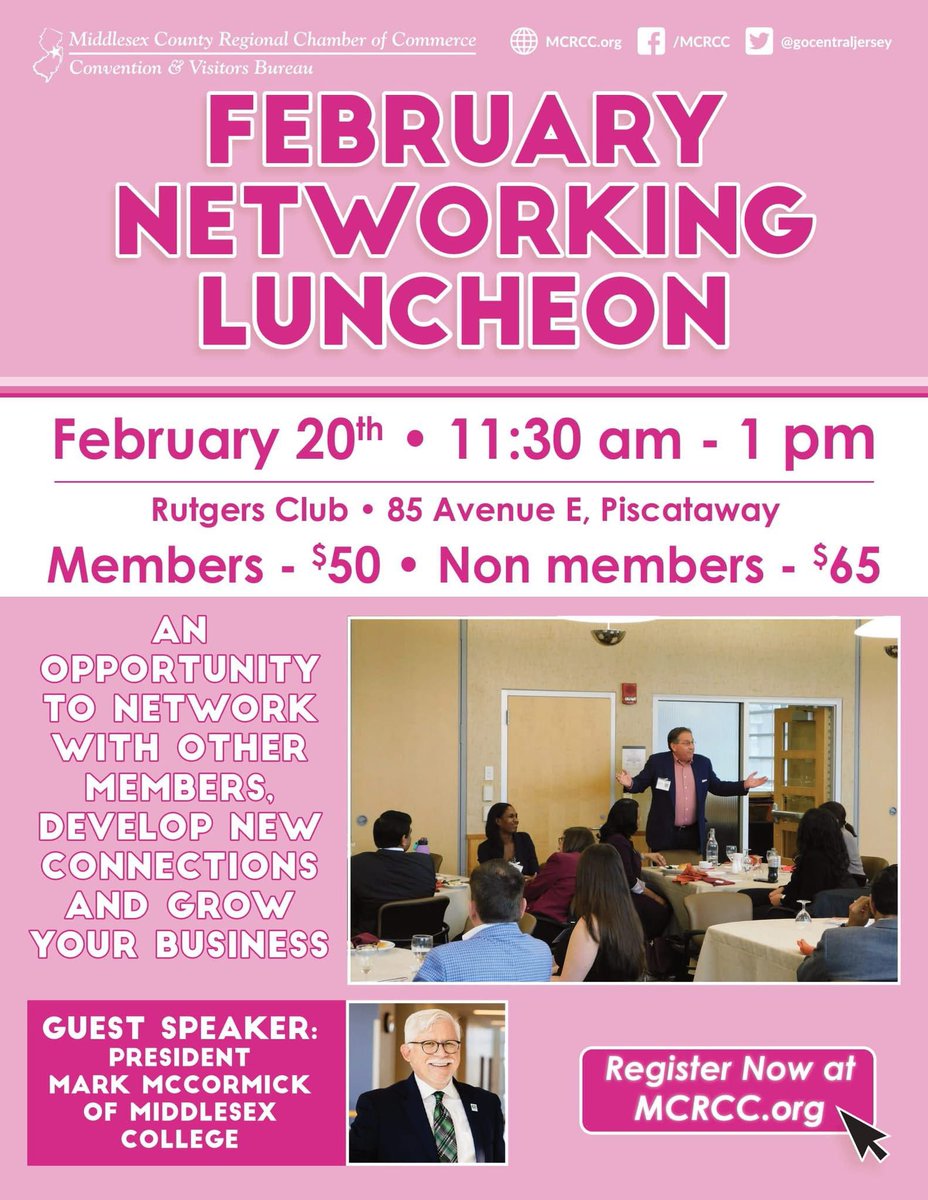 Ready to expand your network? Join us for our February Networking Luncheon!

🗓️ Thursday, February 20th
📍 The Rutgers Club, Piscataway

Featuring guest speaker Mark McCormick, President of Middlesex College

Register at mcrcc.org/event/february…