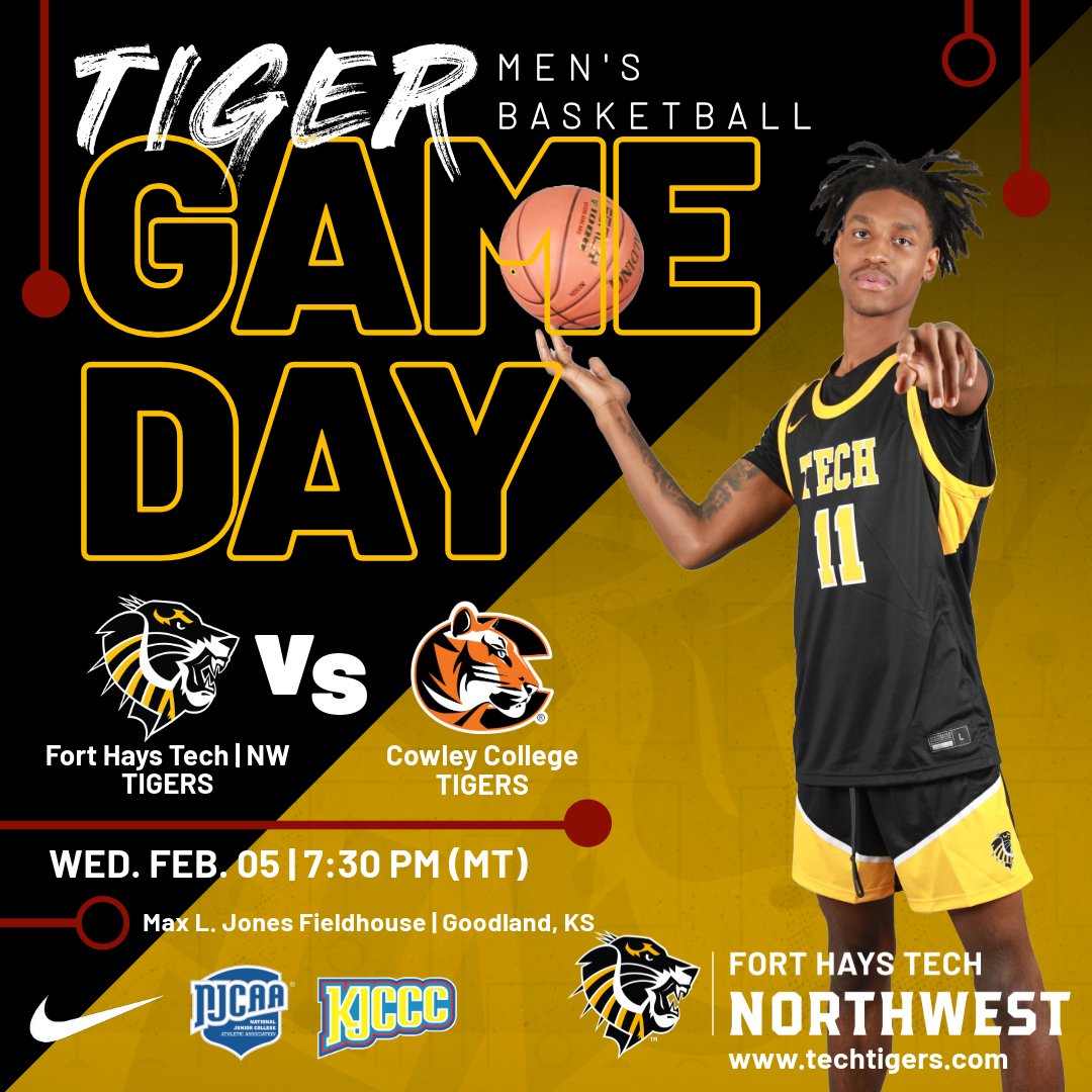 <a href="/TechTigersMbb/">Fort Hays Tech NW Tigers Men’s Basketball</a> (8-12, 6-10)
🆚
<a href="/CowleyHoops/">CowleyTigerMBB</a> (19-3, 14-2)
⏰ 7:30PM MT
📌 Max L. Jones Fieldhouse | Goodland, KS
💻techtigers.com/fan_central/Wa… 
📺 KJCCC APP