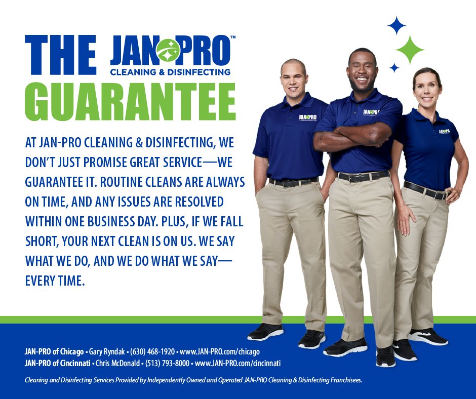 JanProChicago's tweet image. Promises are easy, but at JAN-PRO Cleaning &amp;amp; Disinfecting, we back ours with a guarantee. Trust us to deliver every time! 

Call (630) 468-1920 or Visit chicago.jan-pro.com/franchise-face…

#JANPROGuarantee #ReliableCleaning #PeaceOfMind #CleaningYouCanCountOn