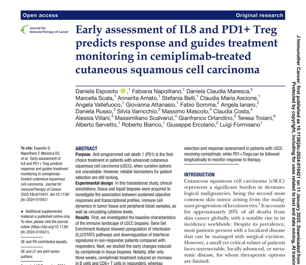 Here’s a closer look at “Early Assessment of IL8 and PD1+ Treg Predicts Response and Guides Treatment Monitoring in Cemiplimab-Treated Cutaneous Squamous Cell Carcinoma” by authors <a href="/DanielaEspo89/">Daniela Esposito</a> <a href="/md_napolitano/">Fabiana Napolitano</a> <a href="/LuigiFormisano_/">Luigi Formisano</a> <a href="/StefaniaBell21/">Stefania Belli</a> from <a href="/UninaIT/">Unina Federico II</a> in #JITC. 1/11