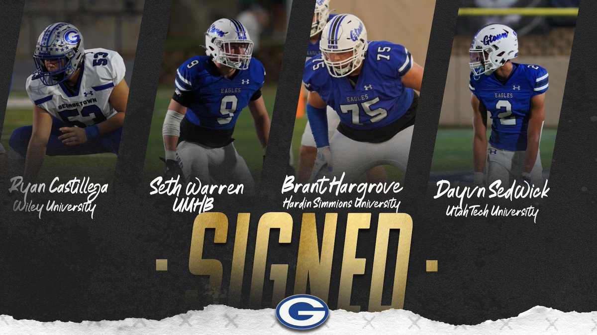Georgetown Football (@gteaglefootball) on Twitter photo Huge congrats to our Eagle football players signing with college programs today! Your hard work and dedication got you here, and this is just the beginning! Can’t wait to watch you on Saturdays!! <a href="/CoachGriffGHS/">Chuck Griffin</a> <a href="/Rcastilleja10/">Ryan Castilleja</a> <a href="/Seth_Warren9/">Seth Warren</a> <a href="/HargroveBrant/">Brant Hargrove</a> <a href="/DavynSedwick/">Davyn Sedwick</a> #GTDNA Huge congrats to our Eagle football players signing with college programs today! Your hard work and dedication got you here, and this is just the beginning! Can’t wait to watch you on Saturdays!! <a href="/CoachGriffGHS/">Chuck Griffin</a> <a href="/Rcastilleja10/">Ryan Castilleja</a> <a href="/Seth_Warren9/">Seth Warren</a> <a href="/HargroveBrant/">Brant Hargrove</a> <a href="/DavynSedwick/">Davyn Sedwick</a> #GTDNA