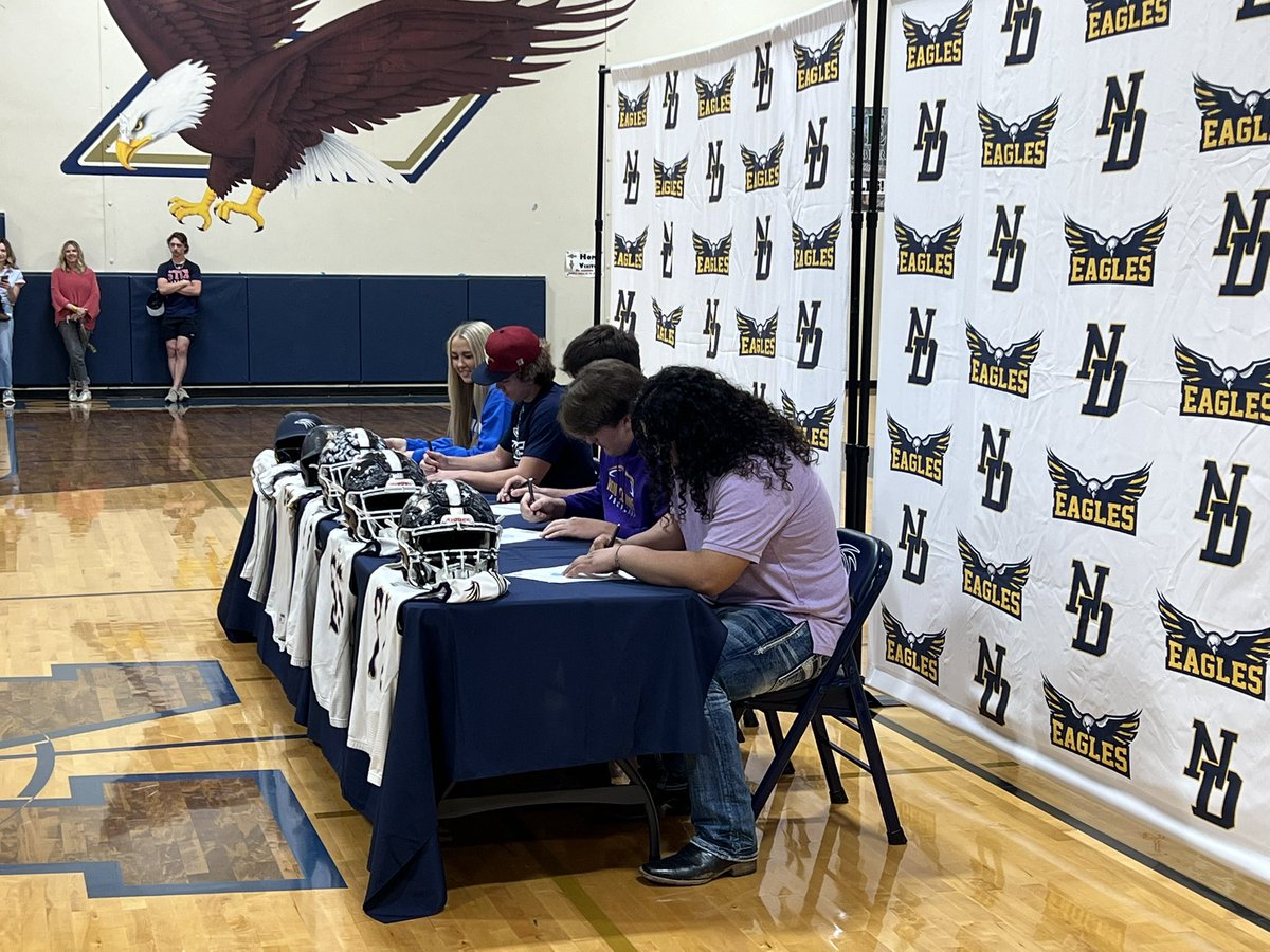 NDISDAthletics's tweet photo. National Signing Day at ND! We have never had to use 2 backdrops. This makes 7 from the class of 2025 moving on to the next level with a few more yet to come. What a great group of student-athletes!

Congratulations Avery, Keaton, Ayden, Canon, &amp; Roberto!

#RiseAbove🦅 https://t.co/SSnBHB50l8