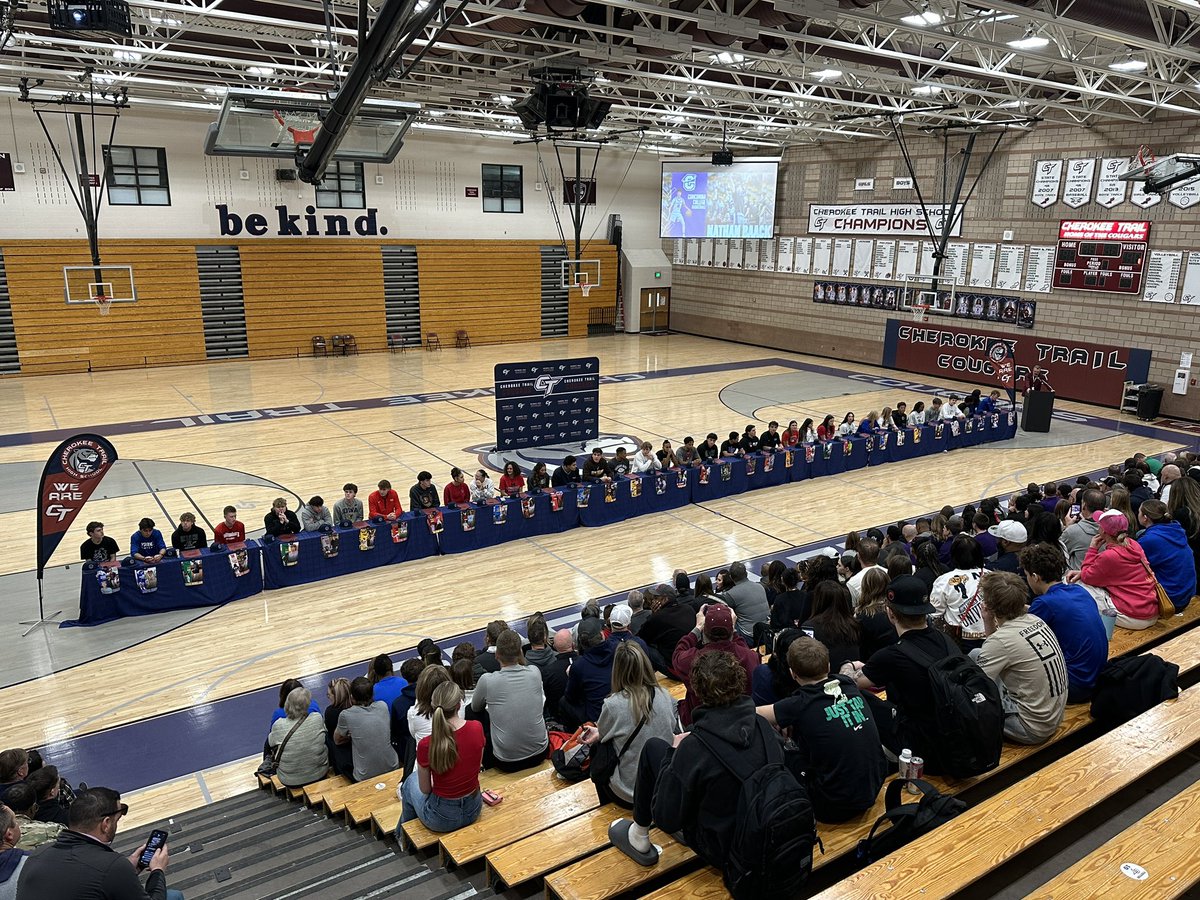 CCSDATHACT1's tweet photo. National Signing Day: Here at Cherokee Trail as student athletes make their intentions at the next level official. Congrats to all the Cougars! @CTHSAthletics @CTHSConnect @CCSDK12 @aurorasports https://t.co/ynDfq1rFlo