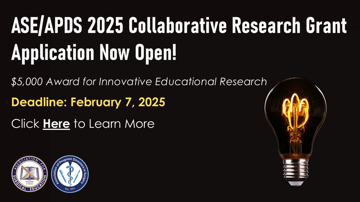 APDS surgery (@apdsurgery) on Twitter photo Apply for the <a href="/Surg_Education/">Association for Surgical Education</a> /APDS 2025 Collaborative Research Grant Now! This grant is designed to increase innovative educational research and developmental activities between the organizations.
Apply Here: tinyurl.com/4a3pk9jr Apply for the <a href="/Surg_Education/">Association for Surgical Education</a> /APDS 2025 Collaborative Research Grant Now! This grant is designed to increase innovative educational research and developmental activities between the organizations.
Apply Here: tinyurl.com/4a3pk9jr
