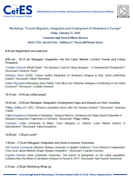 CefES Research Center (@cefescenter) on Twitter photo 📢The program for the upcoming workshop on "Forced migration, integration and employment of Ukrainians in Europe" has been published!
👉cefes-dems.unimib.it/events/worksho…
🗓️21 February 2025
📍University of Milano-Bicocca
Hosted by <a href="/CefesCenter/">CefES Research Center</a> <a href="/dems_unimib/">Dept. Economics, Management & Statistics - Unimib</a>
#Ukraine️ #Migration #Employment 📢The program for the upcoming workshop on "Forced migration, integration and employment of Ukrainians in Europe" has been published!
👉cefes-dems.unimib.it/events/worksho…
🗓️21 February 2025
📍University of Milano-Bicocca
Hosted by <a href="/CefesCenter/">CefES Research Center</a> <a href="/dems_unimib/">Dept. Economics, Management & Statistics - Unimib</a>
#Ukraine️ #Migration #Employment