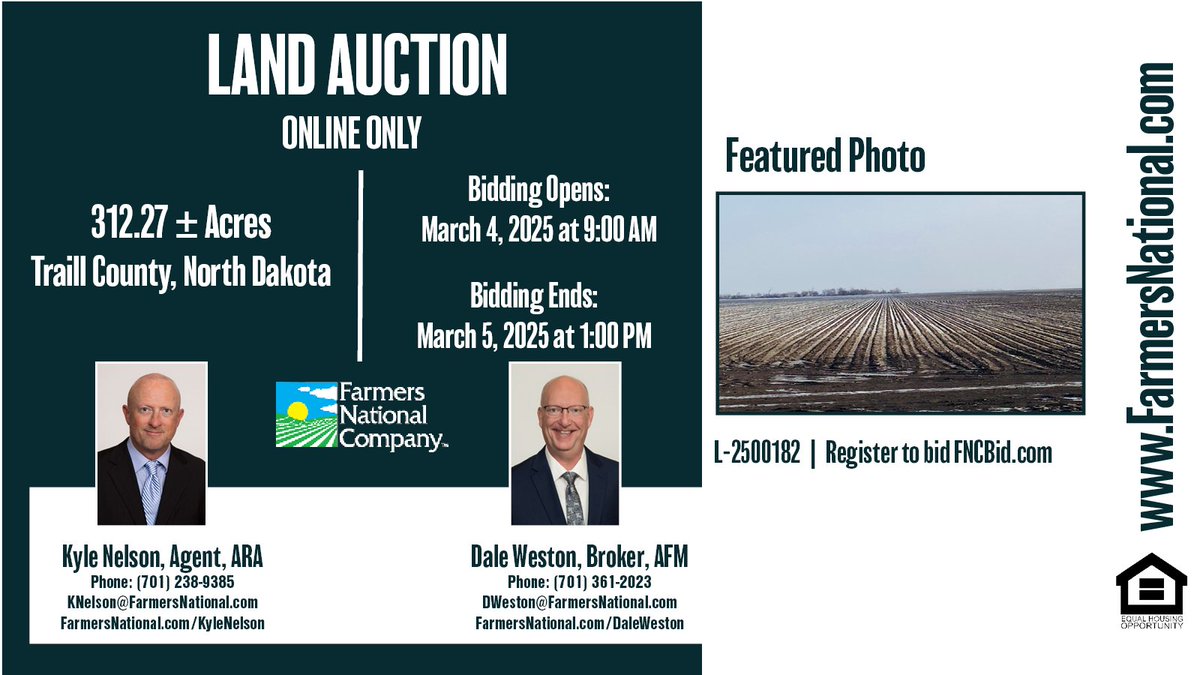 FarmersNational's tweet photo. Land Auction!
Online-only auction.
312.27 acres in Traill County, #NorthDakota.
Excellent #cropland in the Blanchard township. Offered in two tracts! Strong #soilprofile and good outlets for drainage.
🔗: https://t.co/alDU5DBKIe https://t.co/jgu1vOkeam