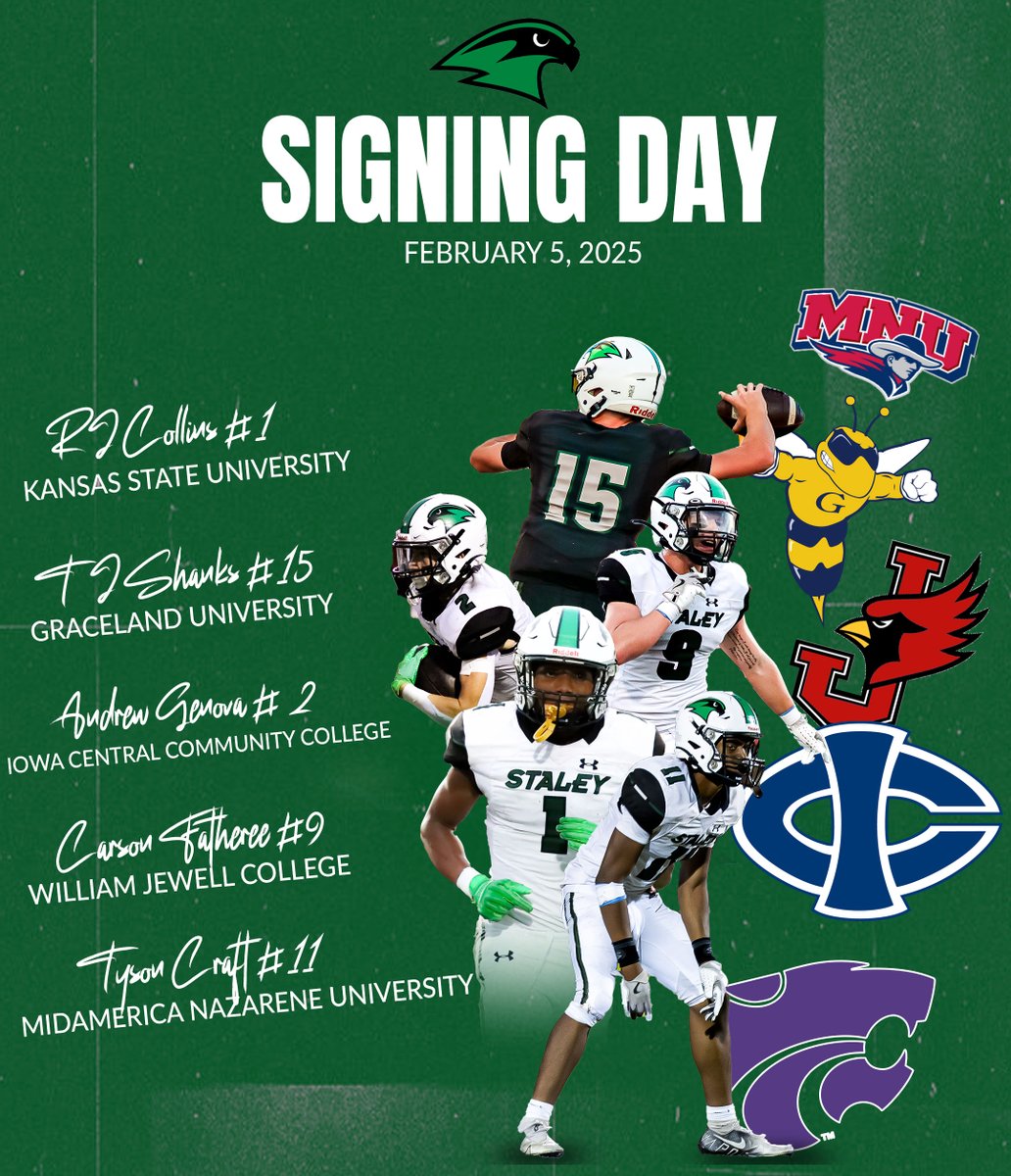 Staley Football (@staleyfootball) on Twitter photo Congratulations to our seniors signing to play at the next level! We are proud of each of you, and look forward to following your careers at the next level! <a href="/AndrewGenova_2/">Andrew Genova</a> <a href="/RJCollins07/">Robert (RJ) Collins Jr</a> <a href="/TjShanks15/">TJ Shanks</a> <a href="/tysoncraft19/">Tyson Craft</a> <a href="/carson_fatheree/">Carson Fatheree</a> #Bestisthestandard #CTB24 Congratulations to our seniors signing to play at the next level! We are proud of each of you, and look forward to following your careers at the next level! <a href="/AndrewGenova_2/">Andrew Genova</a> <a href="/RJCollins07/">Robert (RJ) Collins Jr</a> <a href="/TjShanks15/">TJ Shanks</a> <a href="/tysoncraft19/">Tyson Craft</a> <a href="/carson_fatheree/">Carson Fatheree</a> #Bestisthestandard #CTB24