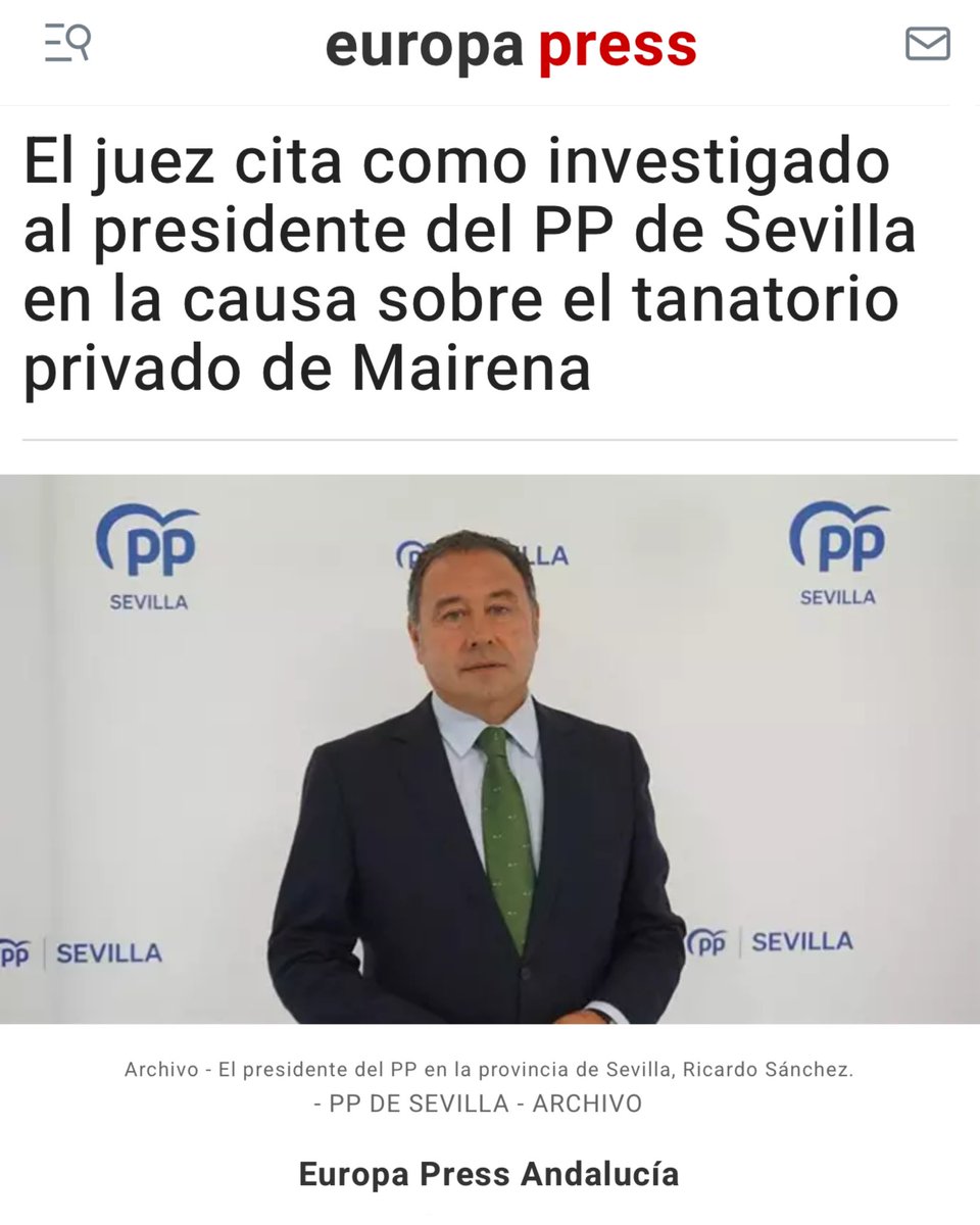 mairena_primero's tweet photo. 🚨 ÚLTIMA HORA: IMPUTADOS 🚨

Tras conocer el informe de la Guardia Civil, el juez imputa a Ricardo Sánchez, Juan Manuel López, Pepe Navarro; el asesor jurídico y Francisco Rodríguez Roa, empresario del PP y dueño del tanatorio privado de Mairena del Alcor. https://t.co/9Tt4W9gY4f