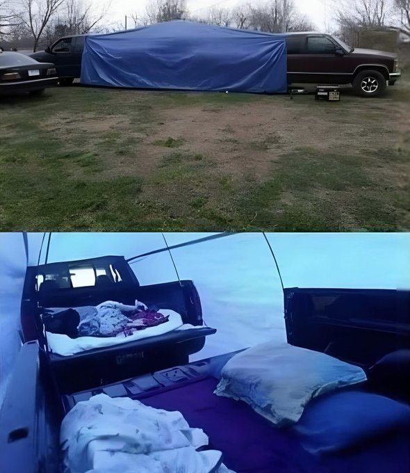 Great idea for truck camping.   
And you can leave both trucks running to stay warm inside.
