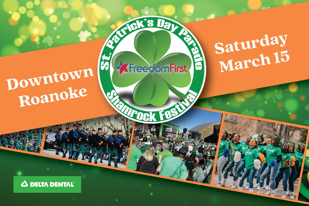 We are excited to announce the return of the Freedom First St. Patrick's Day Parade &amp; Shamrock Festival on Saturday, March 15! 
Featuring a parade, live music on the Delta Dental Stage, beer, and vendors. 
Details ➡️ downtownroanoke.org/events/signatu…
