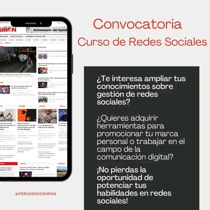 ¡Atención a todos los interesados en ampliar sus conocimientos en gestión de redes sociales!

El #PeriodicoGiron se complace en anunciar la apertura de un curso especializado en gestión de redes sociales, el cual tendrá una duración de un mes. 

#Matanzas