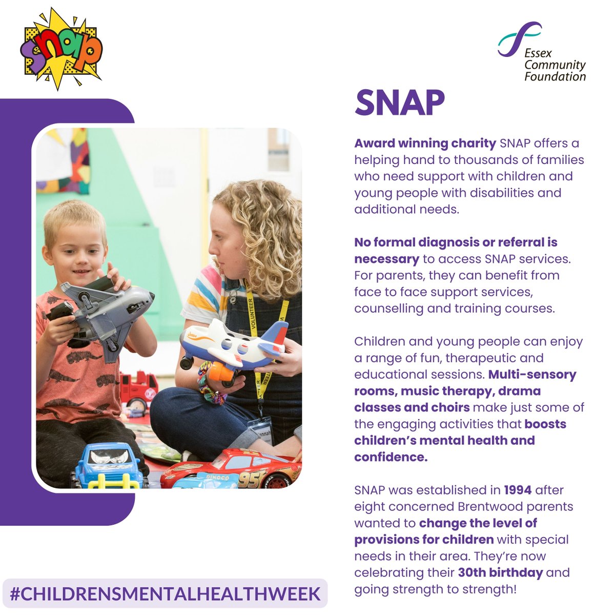 This #ChildrensMentalHealthWeek, we want to spotlight some of the great Essex charities that are improving the lives of children and young people. 

Today, we feature @snapcharity, who offer a helping hand to children, young people and their families. 

#MentalHealthMatters