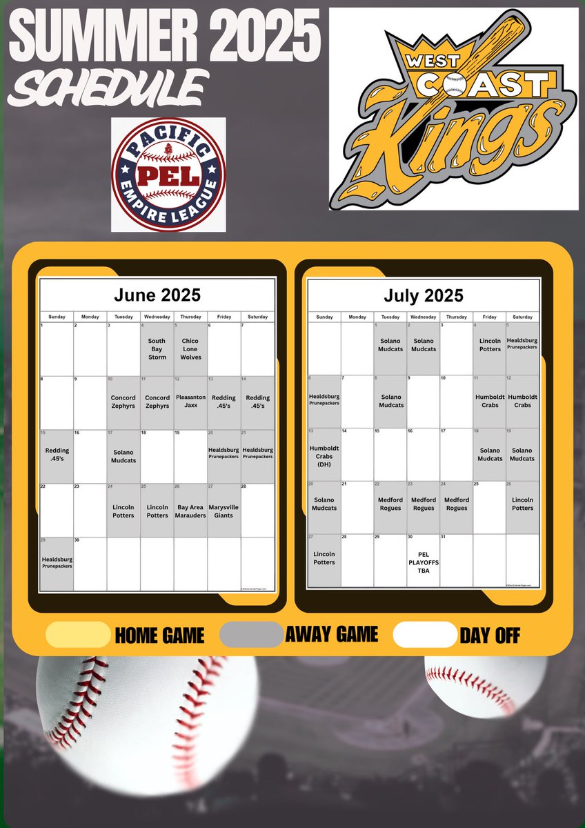 West_CoastKings's tweet photo. 👑WEST COAST KINGS 2025 Schedule Release 👑@PacEmpireLeague @BACLBaseball @CAGEYkings 
Games times will be available on Kings Website… #KingsInTheNorth https://t.co/1kAj3qd4hs