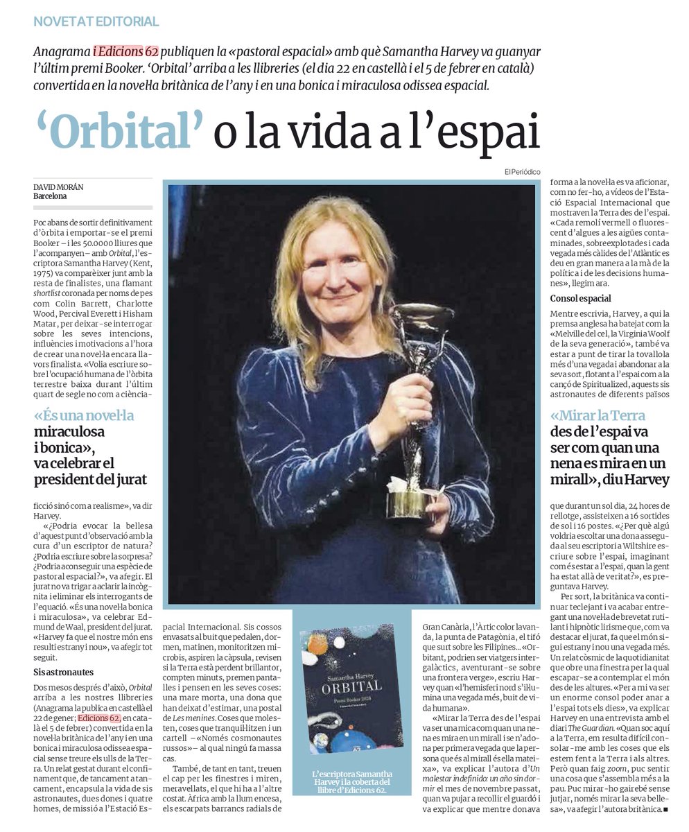 Ed_62's tweet image. 🌌 “Una novel·la de brevetat rutilant i hipnòtic lirisme.”

🗞 A @elperiodico_cat escriuen sobre la novetat editorial 'Orbital' de #SamanthaHarvey.