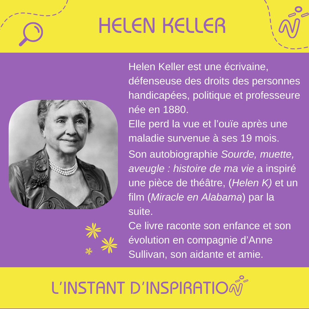 TREMPLIN_HANDI's tweet photo. 🔎 Découvrez notre premier #InstantInspiration dédié à #HelenKeller
📚Sources:
- Lorena A. Hichkok. (1998) "L'histoire d'Helen Keller"
- https://t.co/SIHzEQVWqy
- https://t.co/jl5RJNw9aI
- https://t.co/cIMrcDWw3v
👉 N'hésitez pas à nous faire des suggestions en commentaire ! https://t.co/eh9pVNoqqD