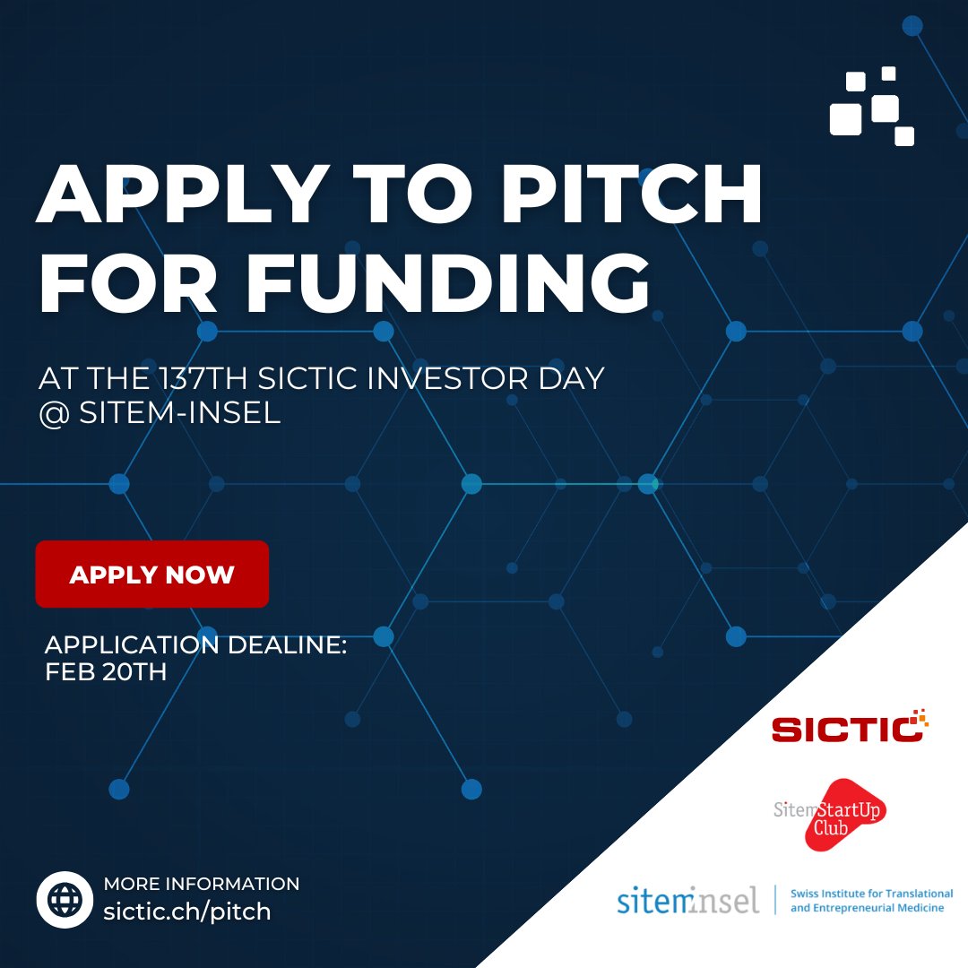 🚀 Calling all #healthtech, #medtech, and #biotech #startups!
Ready to pitch your ideas to investors at the 137th SICTIC Investor Day in Bern!
Apply now to pitch and connect with leading investors 👉sictic.ch/startups/
⏳  Application Deadline: February 20th

#SICTIC #startup
