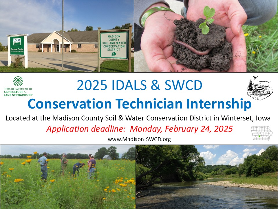 The Iowa Department of Agriculture &amp; Land Stewardship and the Madison County Soil &amp; Water Conservation District are offering a Conservation Technician Internship this summer!

Apply by Monday, February 24, 2025

See our website for more information: madison-swcd.org/uncategorized/…