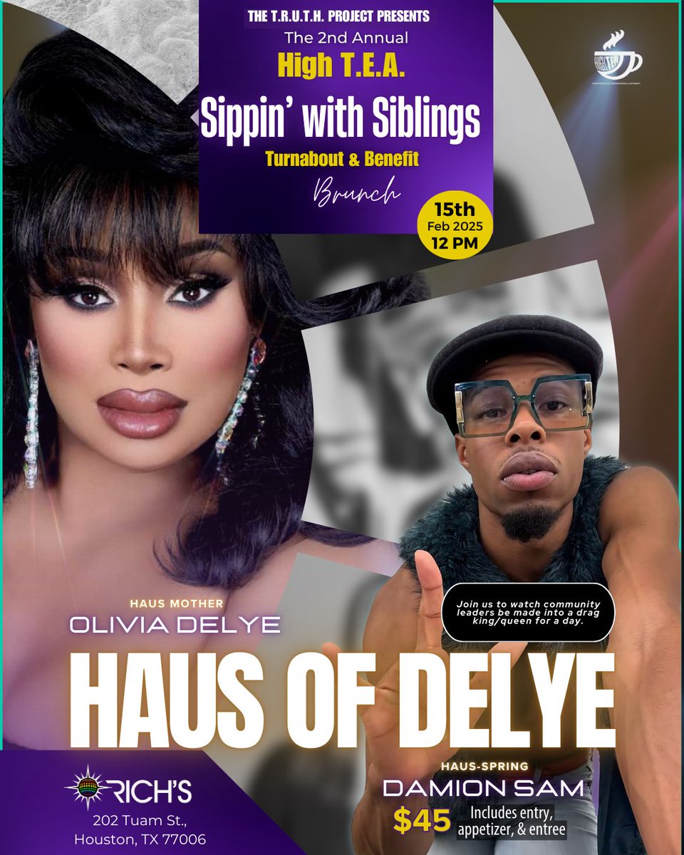TruthProjectHTX's tweet image. The Reveal Is Here! 

🏆✨ Meet Damion Sam, representing the Haus of Delye, at the 2nd Annual High T.E.A.: Sippin’ with Siblings Turnabout and Benefit! 

🎭 He’s ready to TURN IT OUT in the ultimate turnabout showcase! 

🌟👑 Will the Haus of Delye snatch the crown?