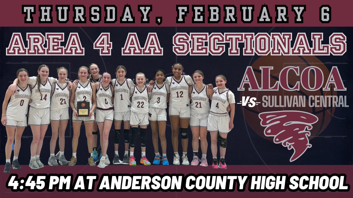 AlcoaMiddle's tweet photo. 🆚 Sullivan Central
📆 Thursday, February, 6
⏰ 4:45 PM
📍Anderson Co. High School
Go Lady Ts🌪️ https://t.co/0IKUZoRdsT https://t.co/26IzJp46uS