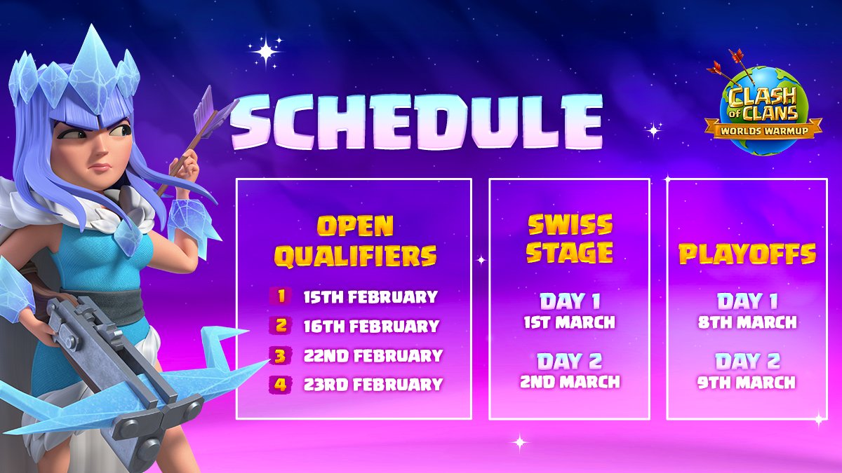 The Warmup is back💰$30,000👑

1⃣ 4 Open Qualifiers: 15-16 &amp; 22-23 February
2⃣ Swiss Stage (Top 16): 1-2 March
3⃣ Grand Finals (Top 8): 8-9 March

GET READY FOR THE WAR AND SIGN UP YOUR TEAM 

🗒️ esports.clashofclans.com/es/news/the-wo…

#ClashEsports