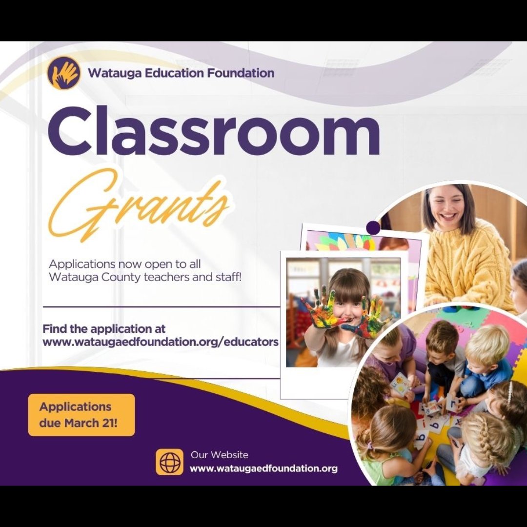 Classroom Grant applications are now open.

Tag or share with your WCS friends and family! 

Application site: wataugaedfoundation.org/educators

#BooneNC #EducationMatters #WEF #InvestInEducation