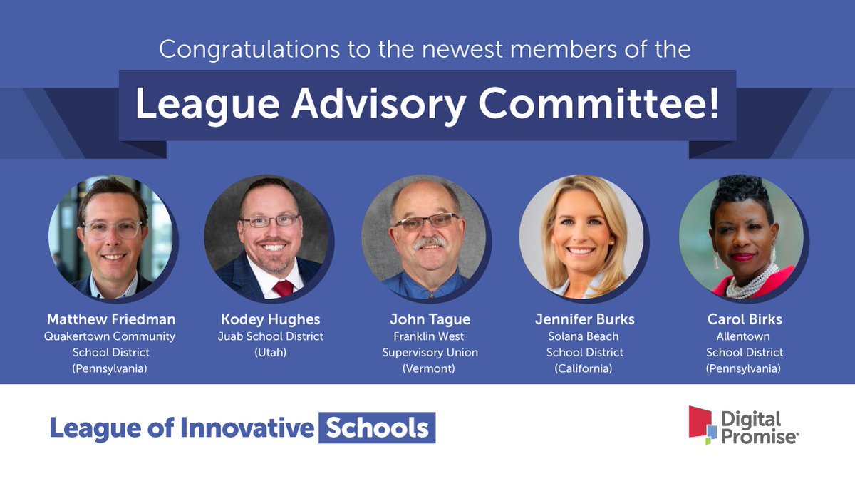 Join us in welcoming the 5 newest members of the <a href="/DPLeague/">League of Innovative Schools</a> Advisory Committee, <a href="/mfriedmanPGH/">Dr. Matthew Friedman</a>, <a href="/KodeyHughes/">Dr. Kodey S. Hughes, Ed.D</a>, <a href="/jtague252/">John Tague</a>, <a href="/jenniferaburks/">Jennifer Burks, Ed.D.</a>, &amp; <a href="/drcarolbirks/">Dr. Carol D. Birks</a>! We’re grateful for their commitment to supporting the League! <a href="/QCSD_Schools/">QCSD_Schools</a> <a href="/JuabSD/">Juab School District</a> <a href="/FWSU/">Franklin West SU</a> <a href="/SolanaBeachSD/">Solana Beach School District</a> <a href="/AllentownSD/">Allentown Schools</a> #DPLIS