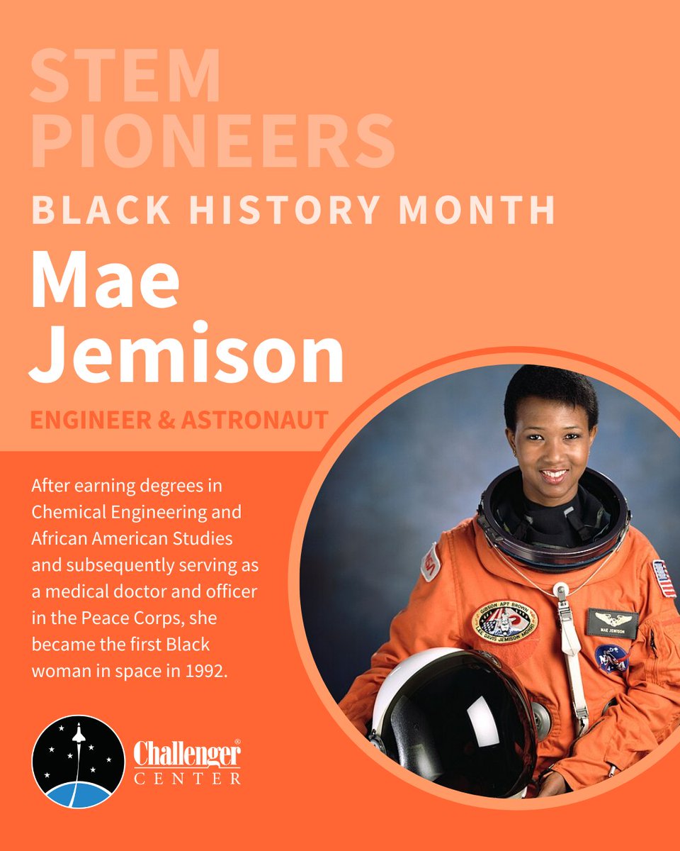 ChallengerCtr's tweet image. In honor of #BlackHistoryMonth, we're spotlighting just a small fraction of the many Black American #STEM pioneers whose incredible achievements &amp;amp; innovations have benefited humankind: Katherine Johnson📐, George Washington Carver🌱, Mae Jemison👩‍🚀, and George Carruthers🔭
