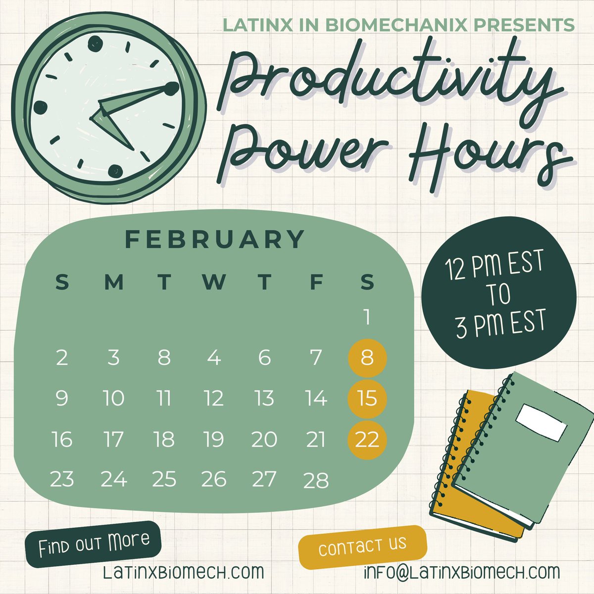 Productivity Power Hours are back!

PPH is a come and go event. The group will do timed pomodoros together, but if that is not your best way of working, feel free to mute and join back with us at the end of our session.

Subscribe to reminder emails: latinxinbiomech.eo.page/gk9v9