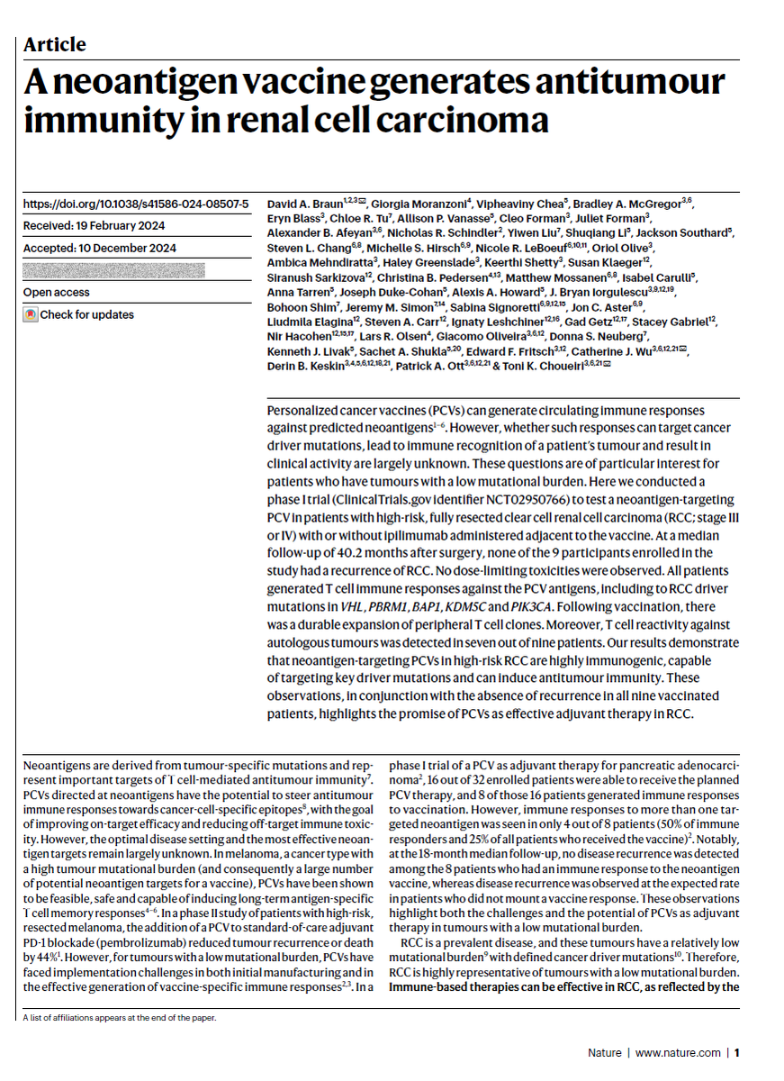 Toni Choueiri, MD (@drchoueiri) on Twitter photo 1/ JUST IN: an 8 year #kidneycancer journey now published in <a href="/Nature/">nature</a>: “A personalized neoantigen vaccine generates anti-tumor immunity in high-risk renal cell carcinoma”. A trial of #RCC vaccine, led together with first author <a href="/BraunMDPhD/">David Braun</a> <a href="/YaleCancer/">Yale Cancer Center</a> and #PatrickOtt #DerinKeskin 1/ JUST IN: an 8 year #kidneycancer journey now published in <a href="/Nature/">nature</a>: “A personalized neoantigen vaccine generates anti-tumor immunity in high-risk renal cell carcinoma”. A trial of #RCC vaccine, led together with first author <a href="/BraunMDPhD/">David Braun</a> <a href="/YaleCancer/">Yale Cancer Center</a> and #PatrickOtt #DerinKeskin