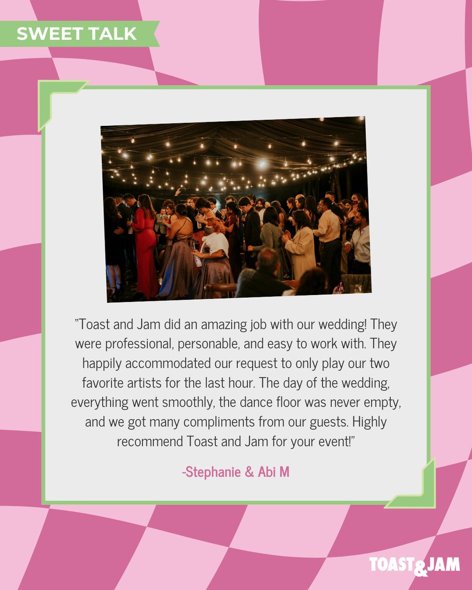We like to think of ourselves as the secret ingredient to making weddings unforgettable. 

Stephanie and Abi know what’s up—custom playlists, a packed dance floor, and a wedding day that went smoother than our DJ transitions. 😉